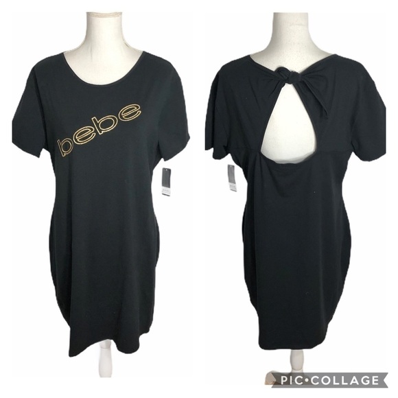 Bebe Open Back Logo Dress NWT 1X Black Gold Women - Picture 1 of 10